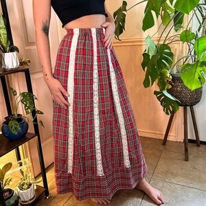 RARE Vintage 70s Mr. Hank Plaid Prairie Maxi Skirt Patchwork Lace Hippie Gypsy